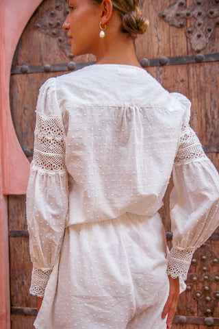 Isabella Lace Trim Blouse white lace long sleeve blouse