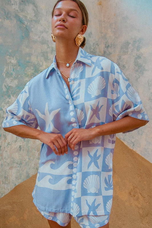 Port Villa Shirt blue shell print blouse matching coord summer outfit set