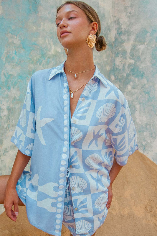 Port Villa Shirt blue shell print blouse matching shirt and shorts