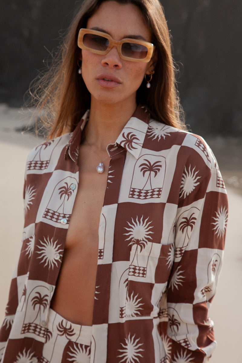 Peggy Shirt - Palma Check brown and white checkered shirt oversized matching blouse and shorts