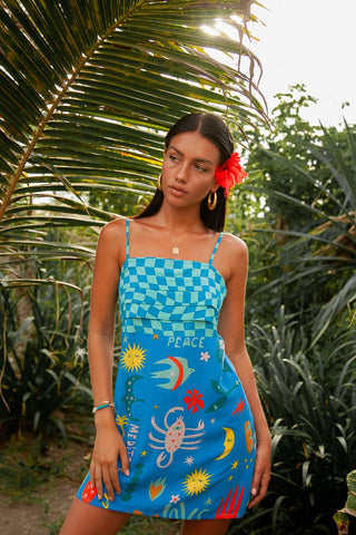 Peace Sun Dress blue checker board strappy mini dress