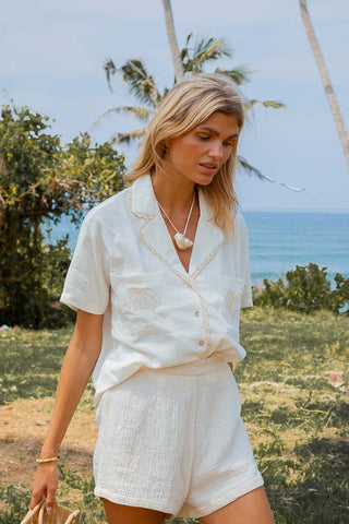 Island Blouse Palm tree white shirt women's