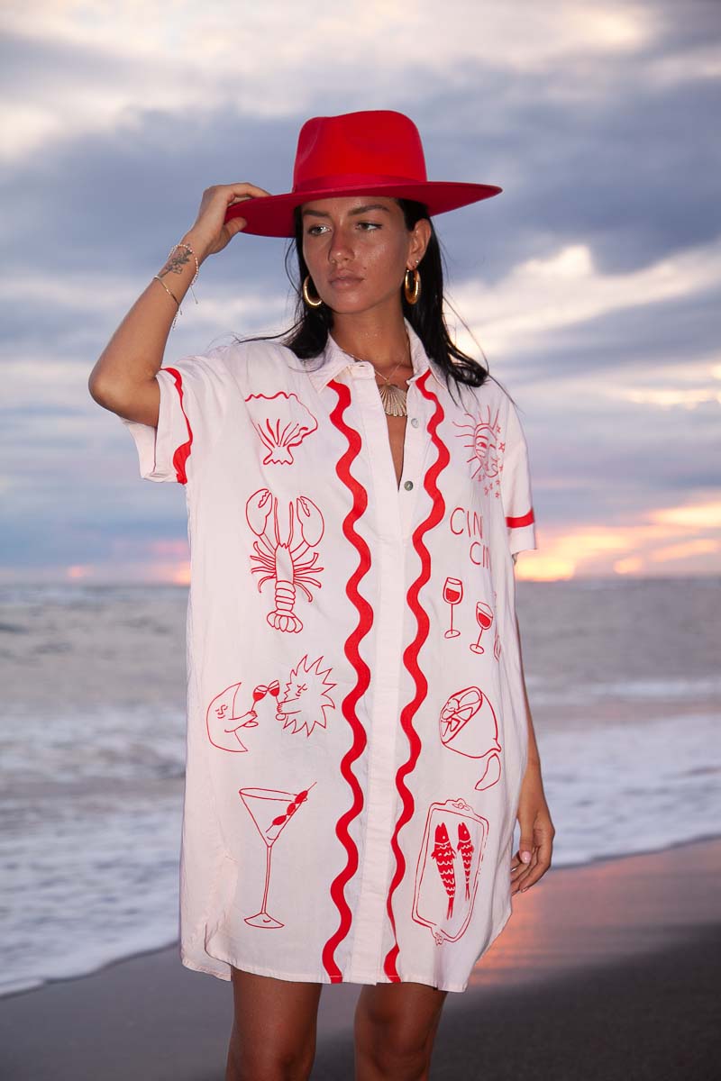Wine Club Shirt Dress lobster print shirt dress  short sleeve