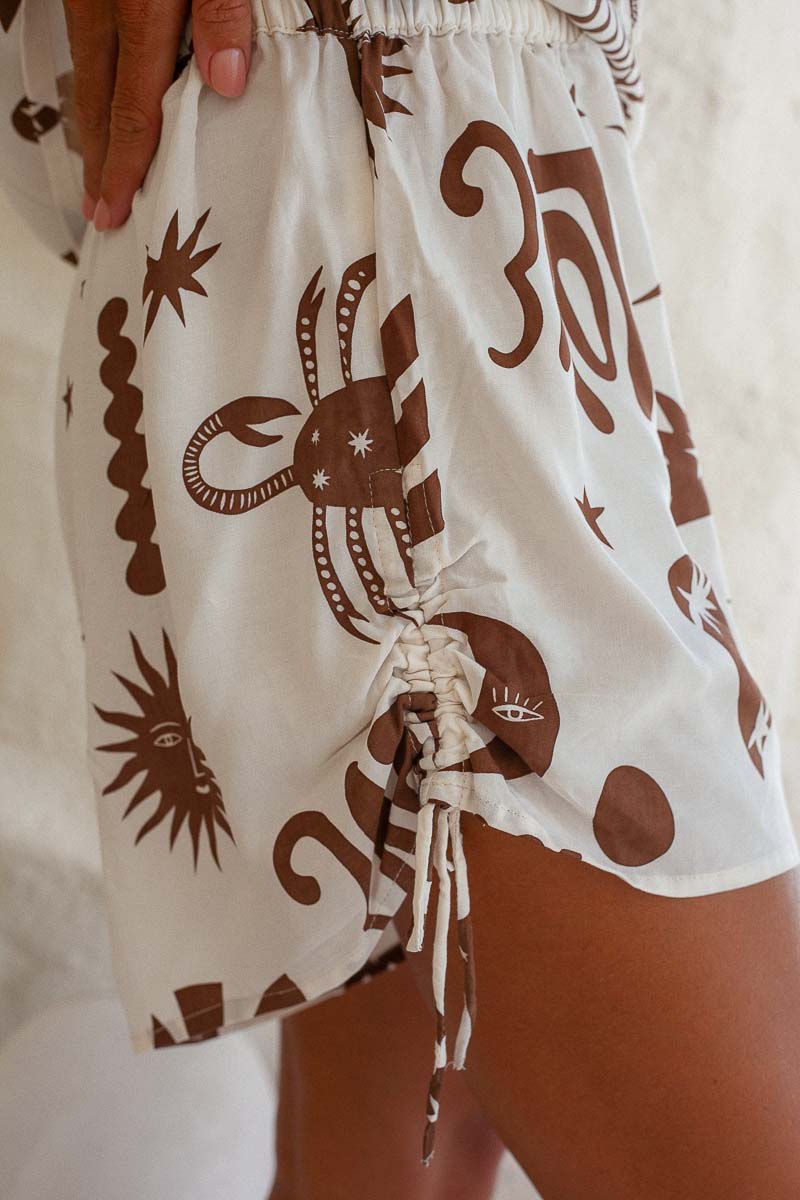 Midnight Dance Shorts Cream and brown print shorts tie side