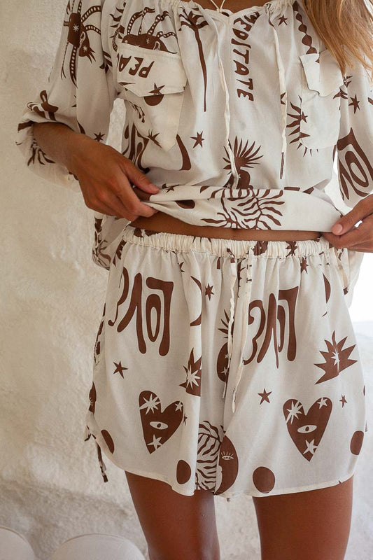 Midnight Dance Shorts Cream and brown print shorts