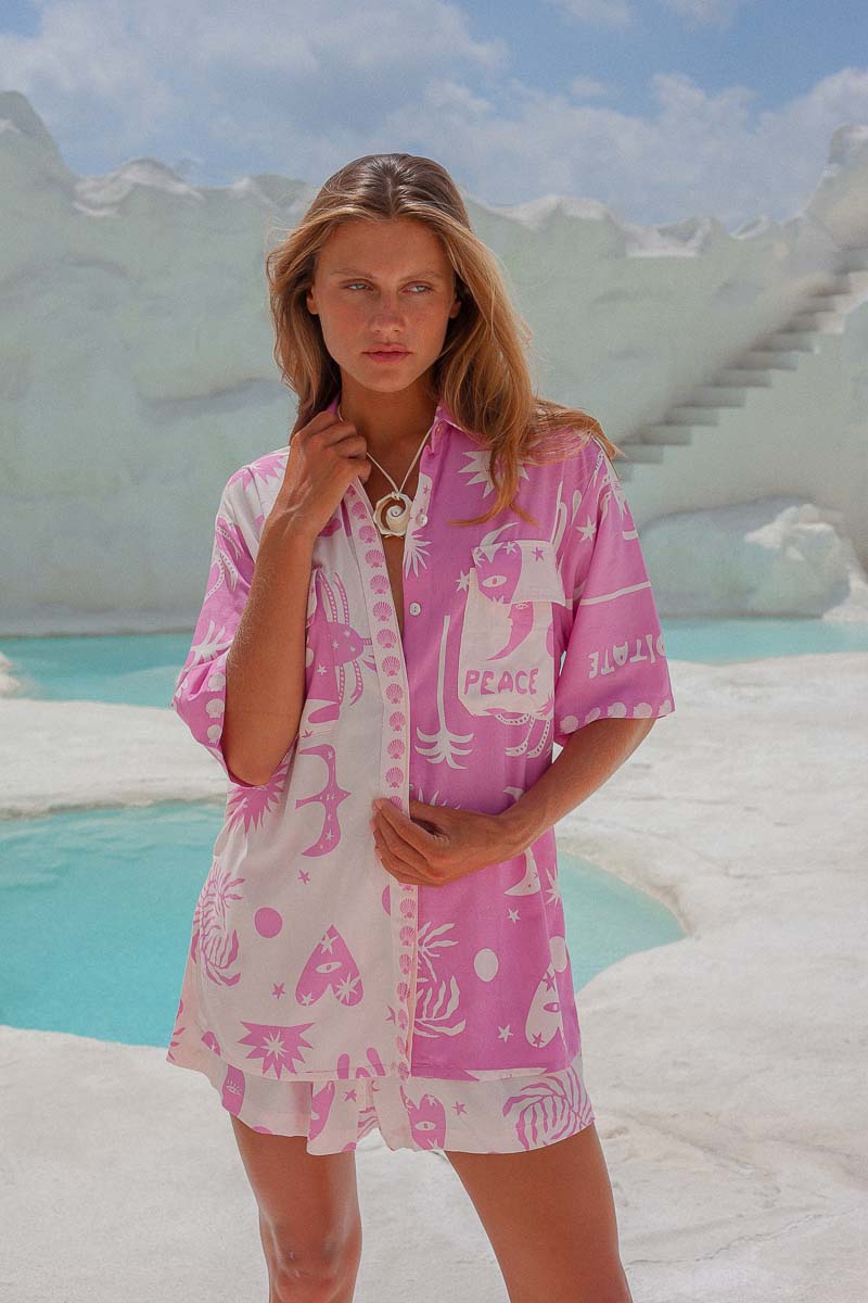 Altego Blouse Short Sleeve Womens Pink Button Up Shirt matching set