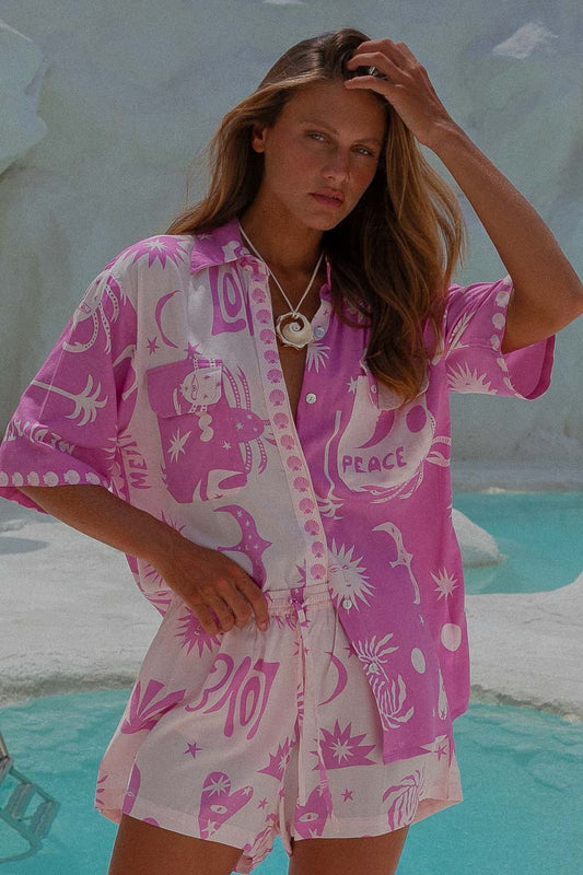 Altego Blouse  Short Sleeve Womens Pink Button Up Shirt women's matching top and bottom sets