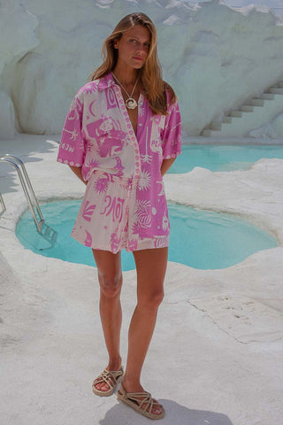 Altego Blouse Short Sleeve Womens Pink Button Up Shirt matching set