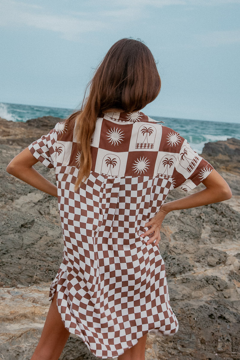 Palma Checkerboard  Shirt Dress Brown palm tree shirt dress