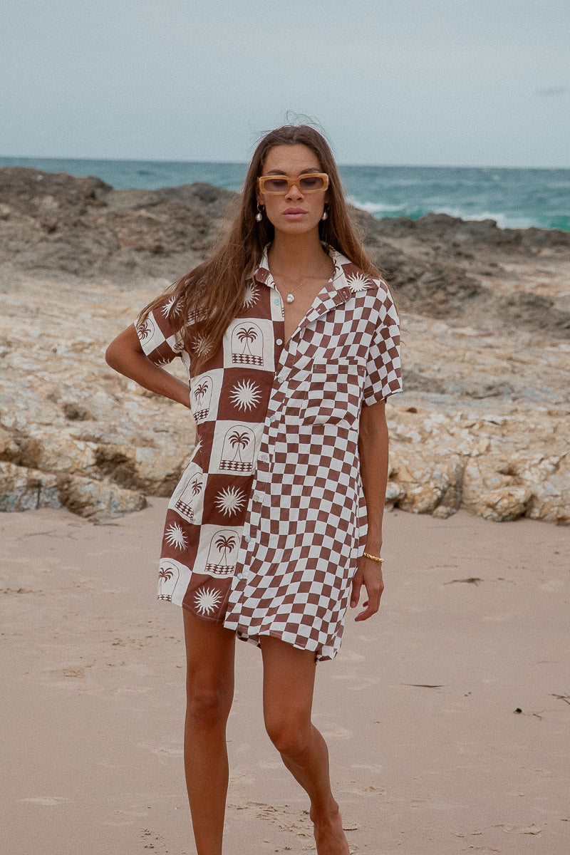 Palma Checkerboard  Shirt Dress Brown palm tree shirt dress