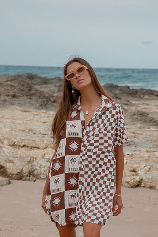 Palma Checkerboard  Shirt Dress Brown palm tree shirt dress