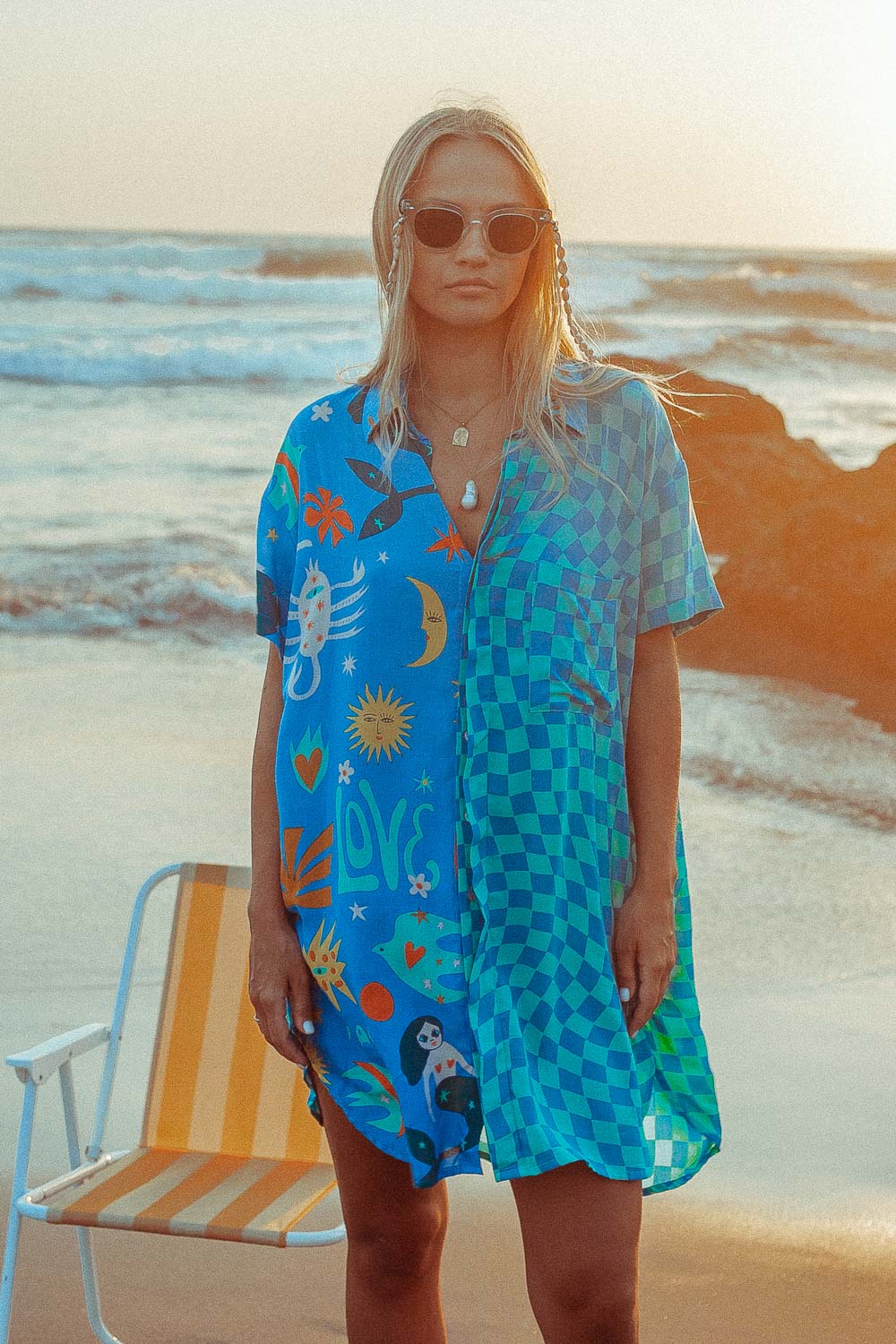 Love Peace Art Shirt Dress beach shirt dress checkerboard print