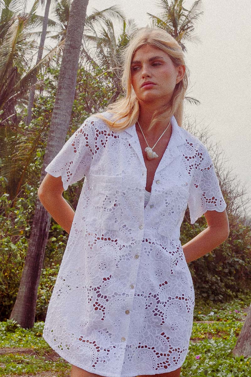 Ulluwatu Lace Shirt Dress White Cotton Lace Shirt Dress